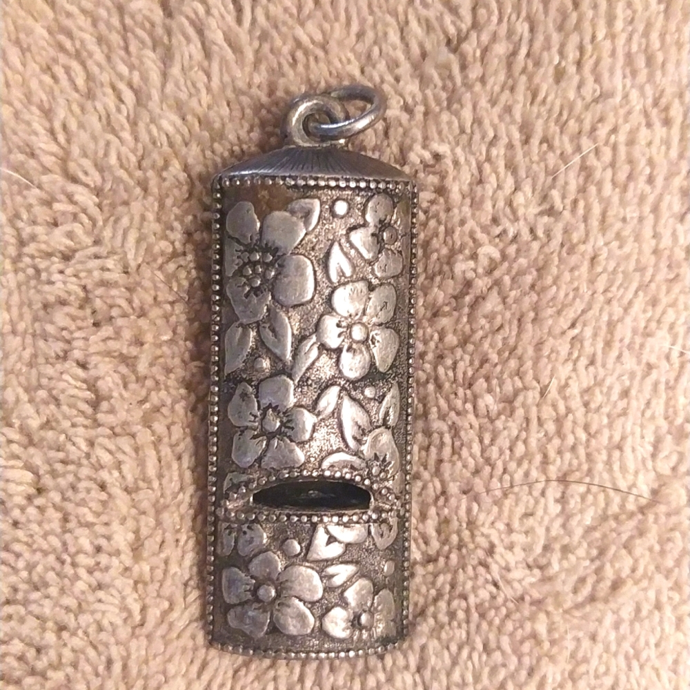 Vintage Avon Silver Tone Art Nouveau Style Whistle Pendant w/ Flower Motif